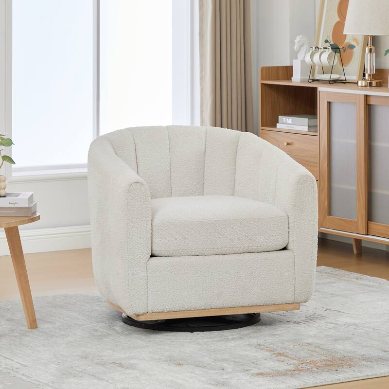 32.28" Wide Modern Chenille Cushioned Metal Base 360°Swivel Chair, Upholstered Barrel Chair - Ivory