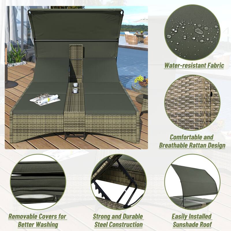 Outdoor Patio Rattan Daybed Sunbed with Canopy and Adjustable Backrest, Storage Box and 2 Cup Holders