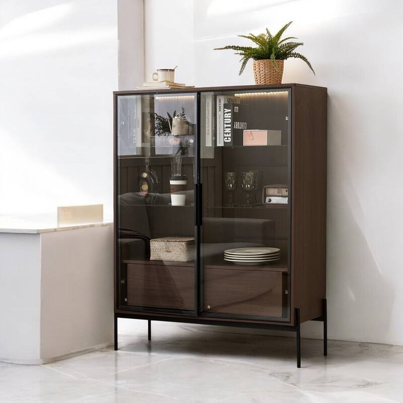51.2" Tall Lighted Display Cabinet with Tempered Glass Doors, Metal Legs, LED Curio Cabinet for Living Room, Office, Study - Dark Walnut