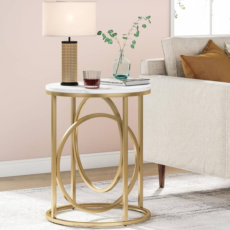 20" Round End Table, White and Gold Accent Table