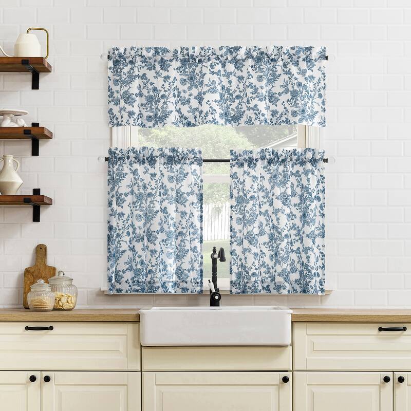 No. 918 Elara 2-pack Tonal Botanical Semi-Sheer Rod Pocket 2-Piece Kitchen Curtain Tier Pair