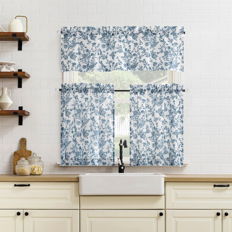 No. 918 Elara Tonal Botanical Semi-Sheer Rod Pocket 1-Piece Kitchen Curtain Valance