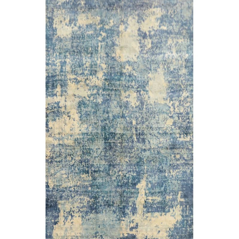 Hand Knotted Oriental Viscose Silk Carpet Modern Abstract Navy Blue & Blues Abstract Area Rug - 7' 2'' X 5' 0''