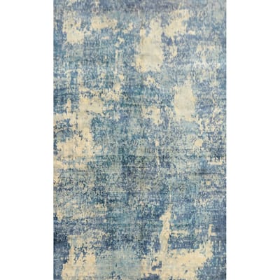 Hand Knotted Oriental Viscose Silk Carpet Modern Abstract Navy Blue & Blues Abstract Area Rug - 7' 2'' X 5' 0''