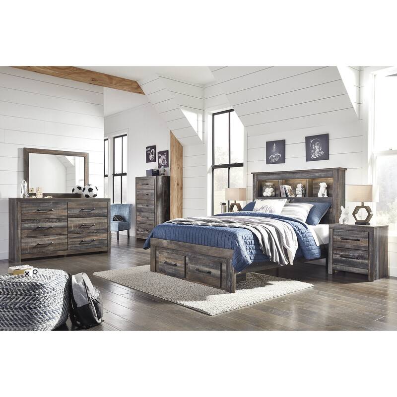 Drystan Rustic Brown Bookcase Bed with Footboard Storage Drawers
