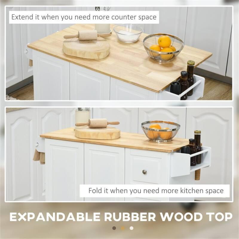 White Kitchen Island Cart with Drop Leaf and Rolling Wheels Drawers and Adjustable Shelf - 45.25" W x 25.25" D x 36" H
