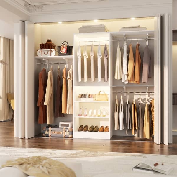 96'' W Walk-in Closet System with 4 Hanging Rods and 3 Shelving Towers, Sturdy Closet Organizer with Storage Shelves - White