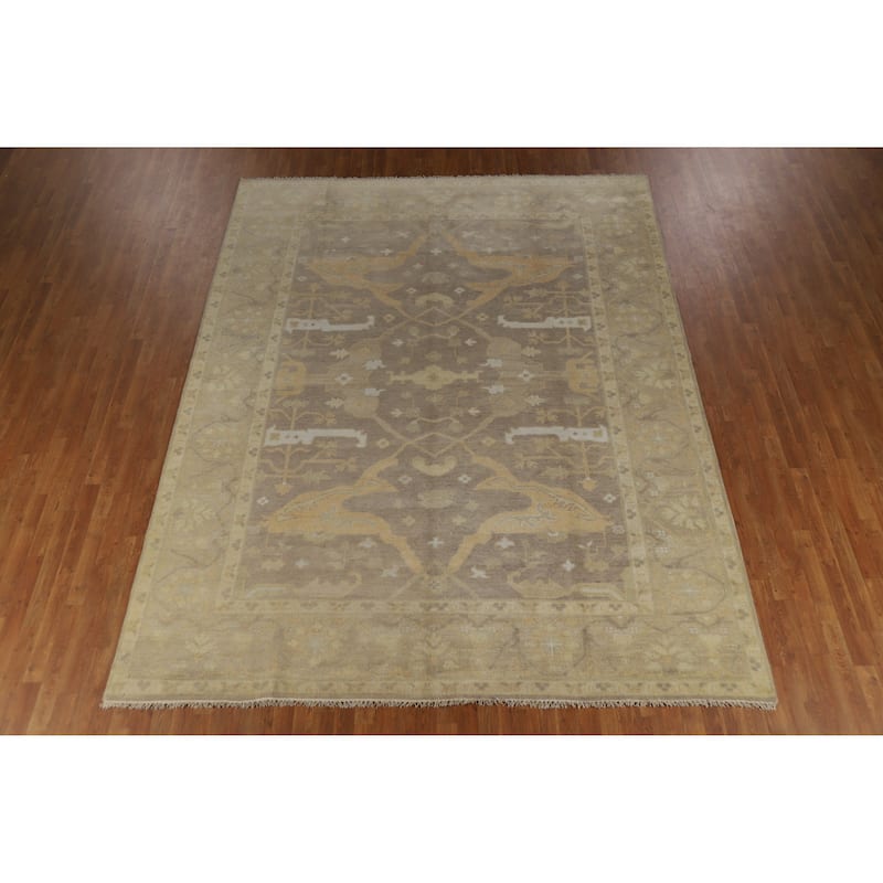 Transitional Earth Tone Brown Oushak Area Rug Handmade Wool Carpet - 9'1" x 11'8"