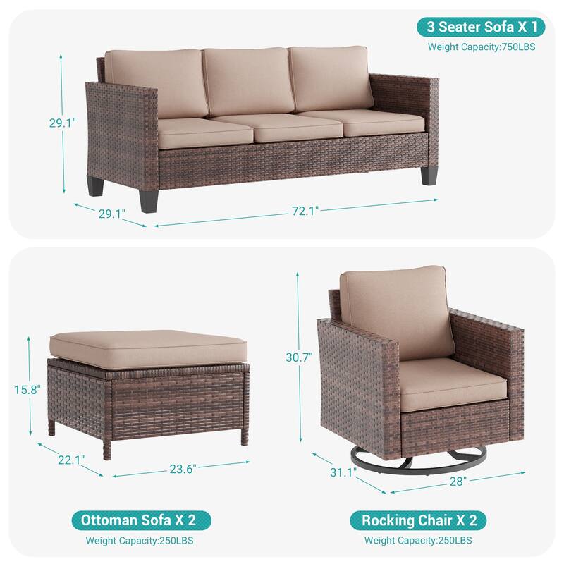 BONOSUKI 5Pcs Patio Furniture Swivel Rocking Sofa Set Brown Rattan