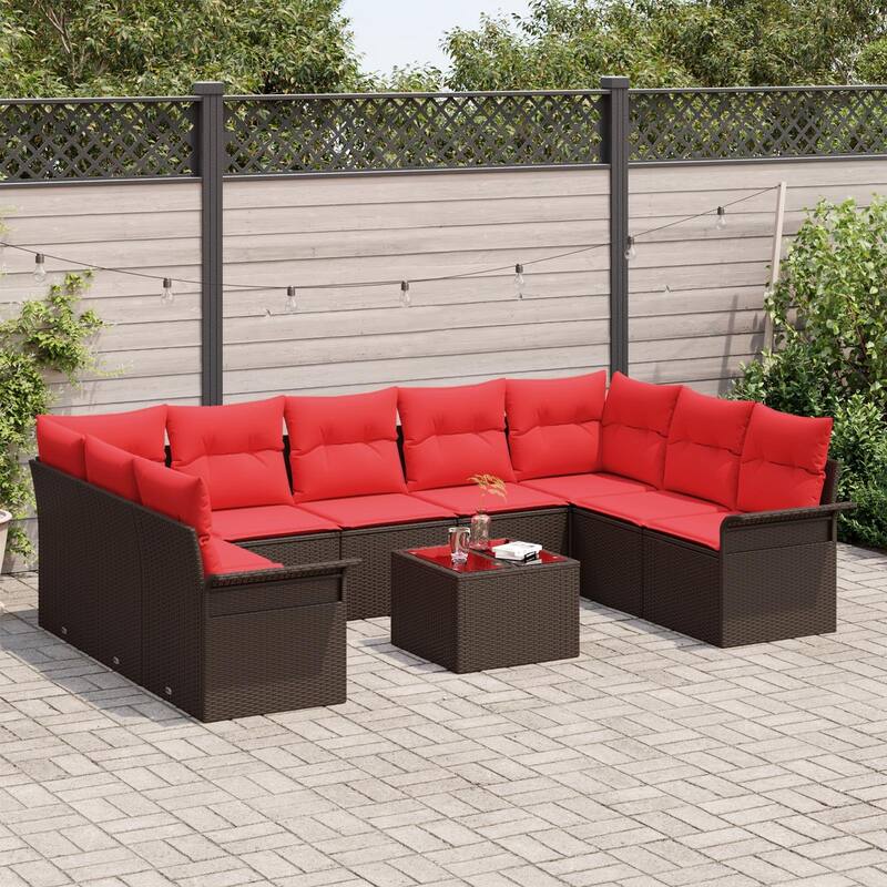 vidaXL 9/10 Garden Sofa Set with Cushions Black/Brown/Grey Poly Rattan - 113.8 x 73.8 x 27.2