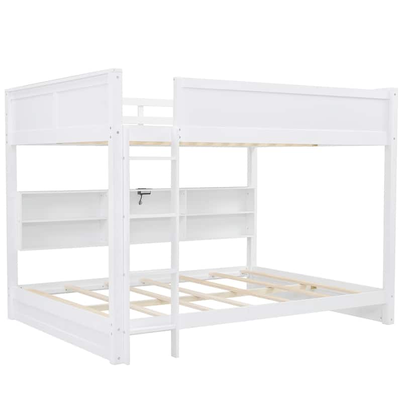 Queen Over Queen Bunk Bed With Storage Cabinets And Usb Ports