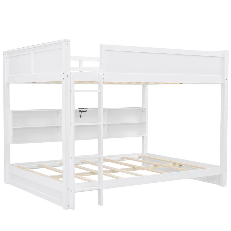 Queen Over Queen Bunk Bed with Storage Cabinets, USB Ports, and White Finish