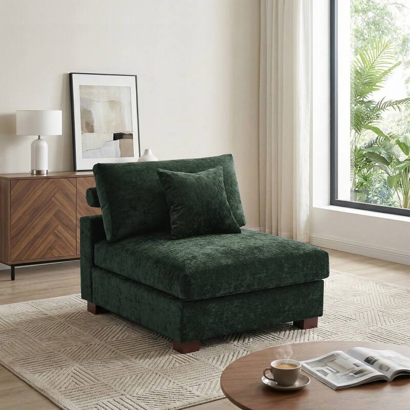 35" W Modern Chenille Armless Accent Chair Sectional Module with Pillows - Green
