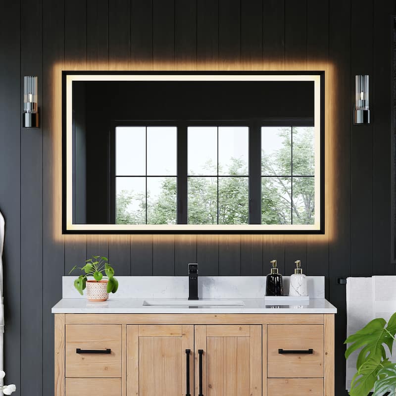Apollo Rectangular Anti-Fog Dimmable Modern Bathroom/Vanity LED Lighted Wall Mirror in Matte Black Aluminum Framed - 48" x 30" - Matte Balck