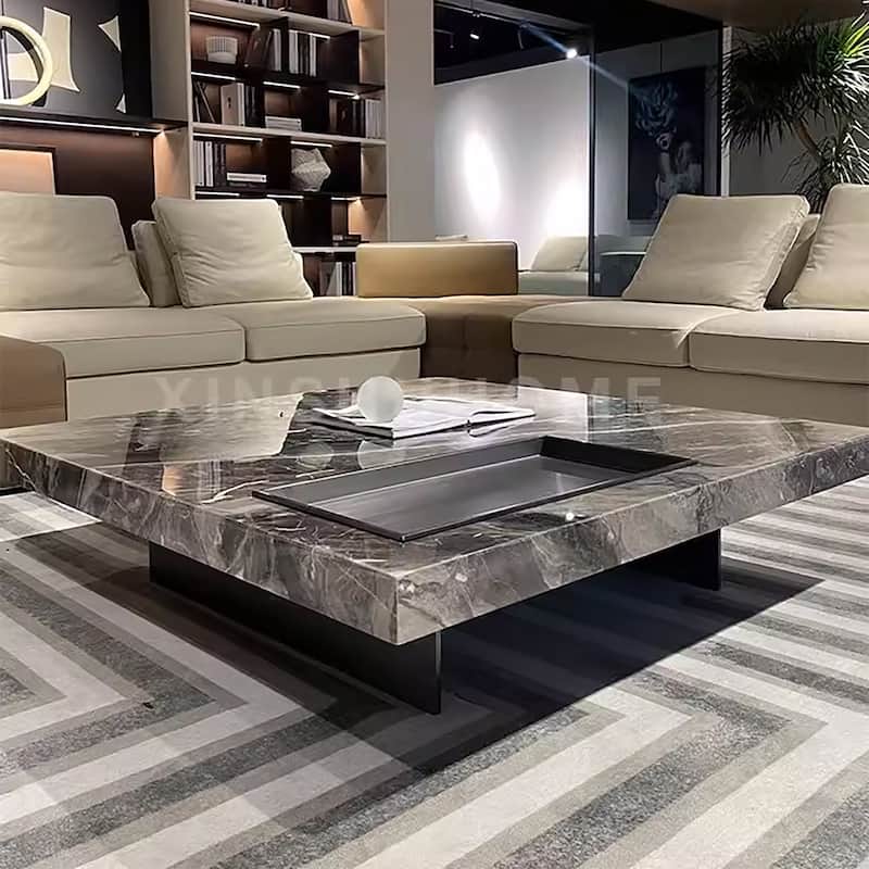 Modern 42" Faux Marble Square Coffee Table，Glossy Sintered Stone Tabletop