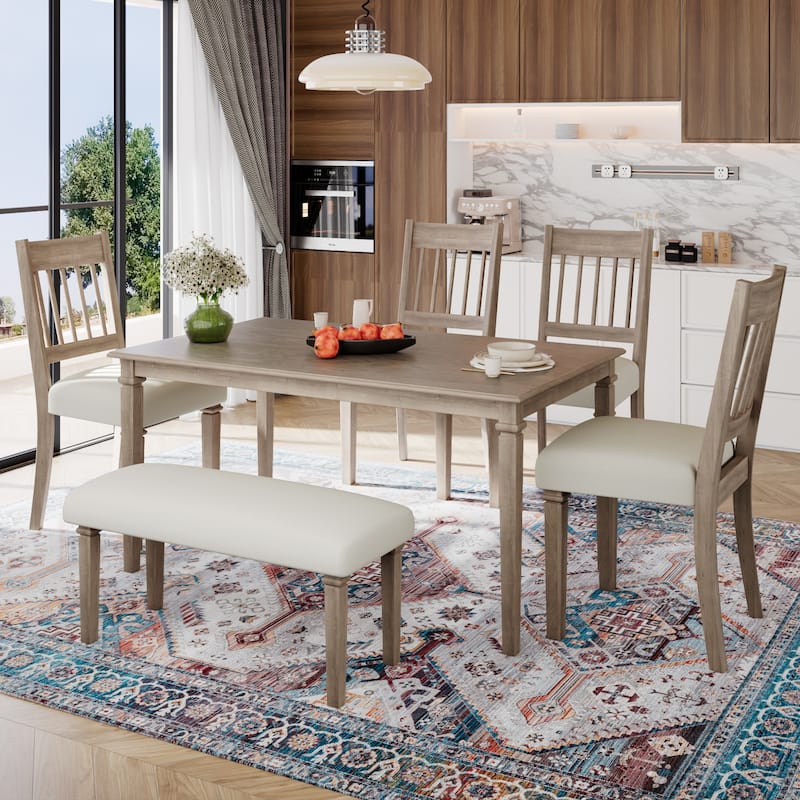 6-Piece Retro Dining Room Set, Classic Kitchen Furniture Set, Wooden Rectangular Table and 4 Chairs with Bench - Brown