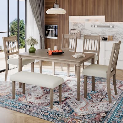 6-Piece Retro Dining Room Set, Classic Kitchen Furniture Set, Wooden Rectangular Table and 4 Chairs with Bench