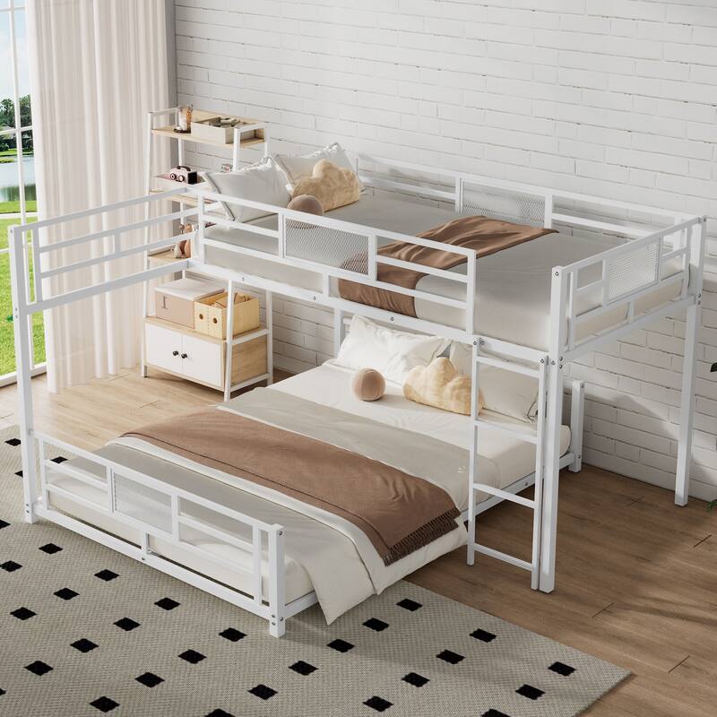 L-Shaped Twin Over Full Metal Bunk Bed in White