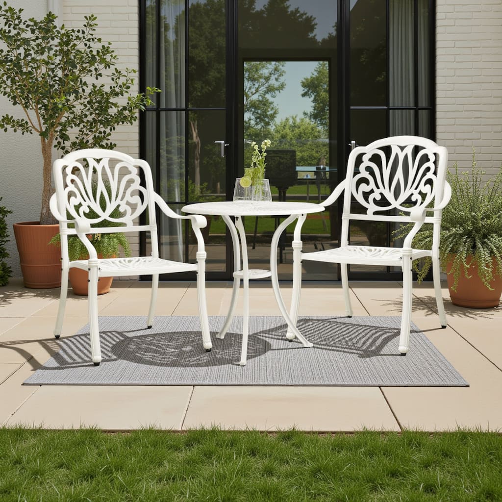 Kasa Outdoor 3pc Breakfast Bistro Set, 2 Chairs, 1 Table, White Metal