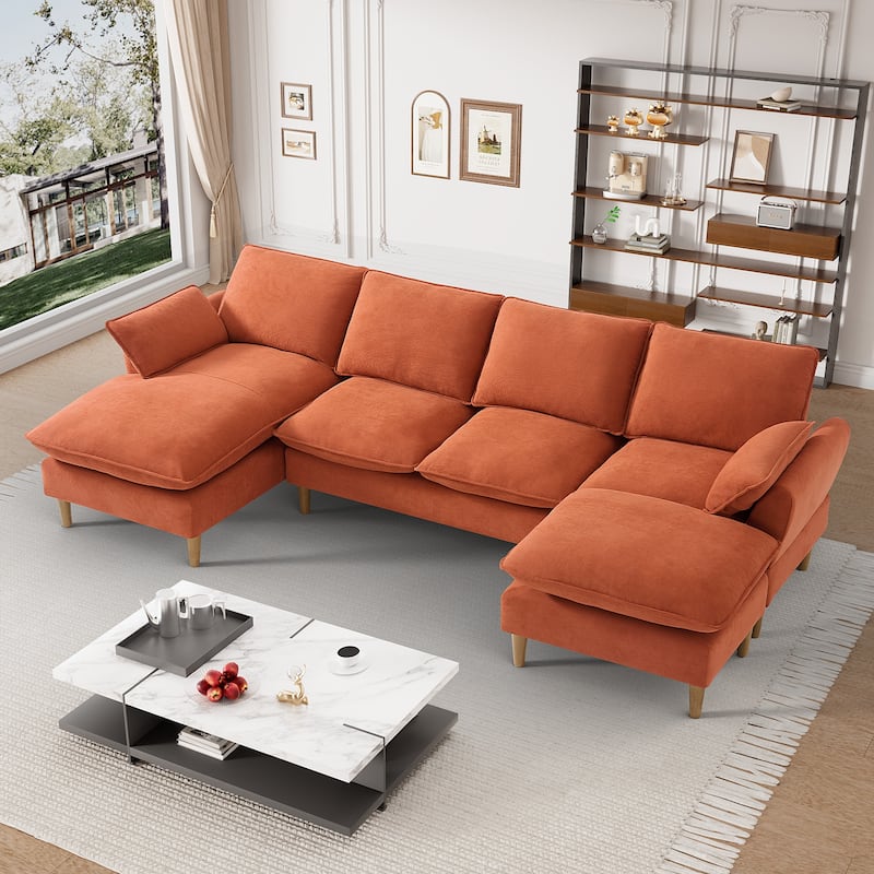 Modern U-Shaped Sectional Sofa Couch with Ottoman Chaise for Living Room - Orange