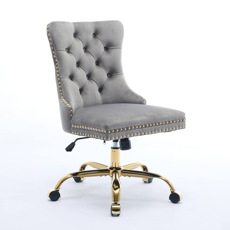 GDF Studio - Velvet Tufted Upholstered Home Office Chair with Golden Metal Base with Swivel Adjustment and Elegant Button Back