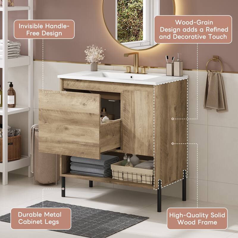 30" Bathroom Vanity with Ceramic Basin Sink, Freestanding Bathroom Storage Cabinet with Sliding Drawer, Doors and Open Shelf