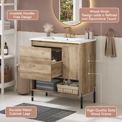 Farmhouse Bathroom Vanity Base & Ceramic Basin Set, 30" Single Bathroom Vanity Storage Cabinet with Open Storage Shelf - 30 Inch