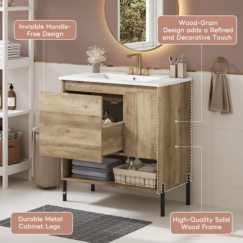 Modern 30 Inch Bathroom Vanity with Sink, Pine Wood Frame, Drawer Storage, Open Shelf, and 4" Faucet Compatible Basin