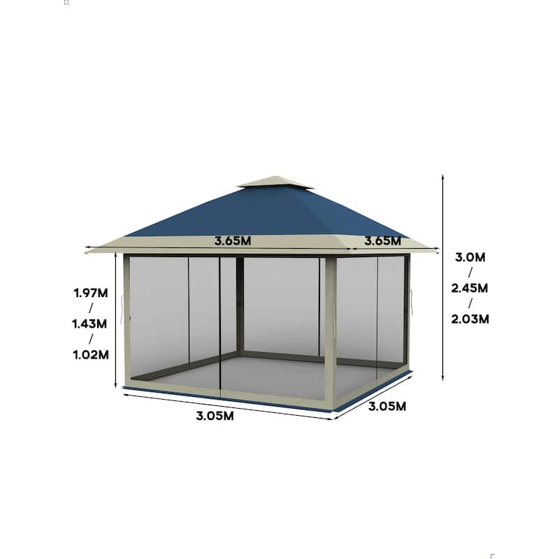 12' x 12' Outdoor Gazebo, Heavy Duty Double Roof Patio Gazebo with Netting and Curtains