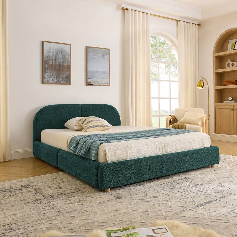 Queen Size Upholstered Bed Frame Modern Minimalist Style - Circle Yarn Fabric, Tall Curved Headboard