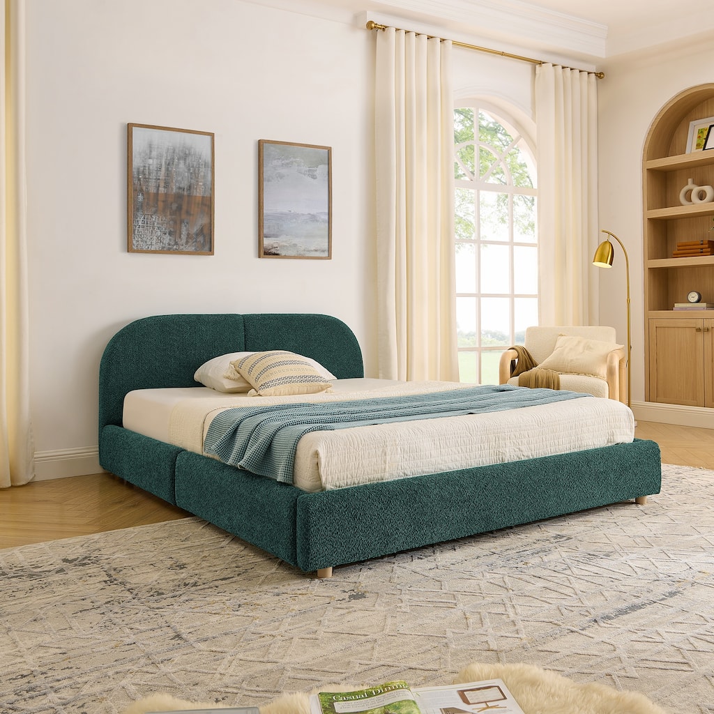 Roomfitters Queen Size Modern Upholstered Bed Frame with 4 Storage Drawers and Curved Headboard Sturdy Platform Bed Base