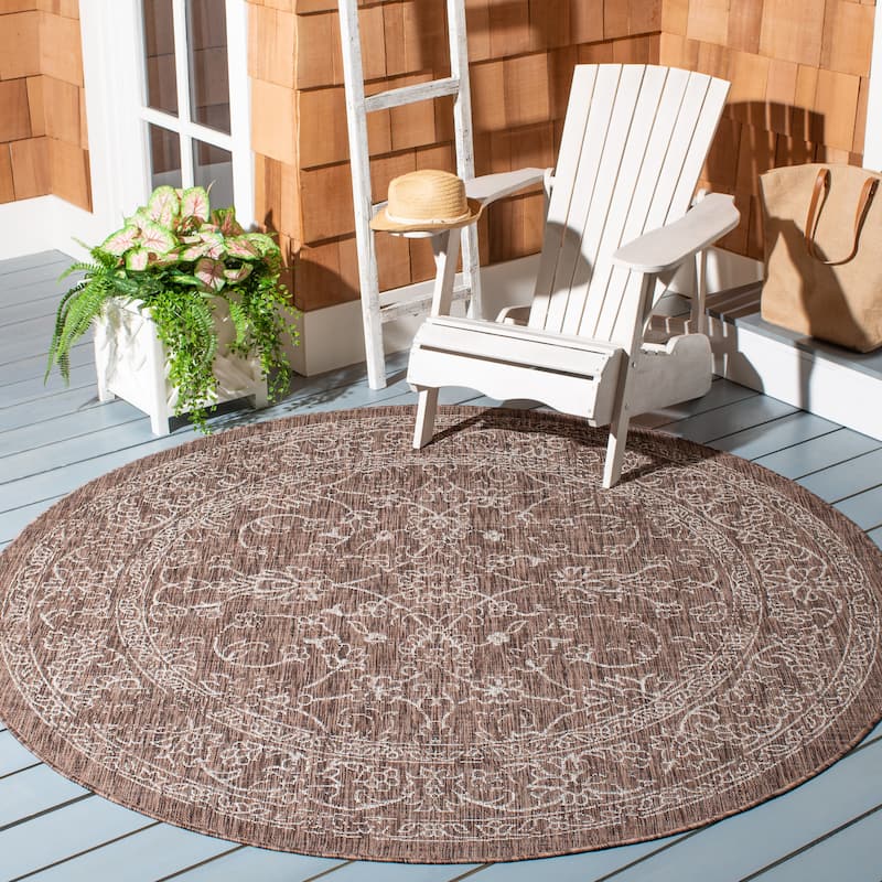 SAFAVIEH Courtyard Aquata Indoor/ Outdoor Waterproof Patio Backyard Rug - 5'3" Round - Brown/Ivory