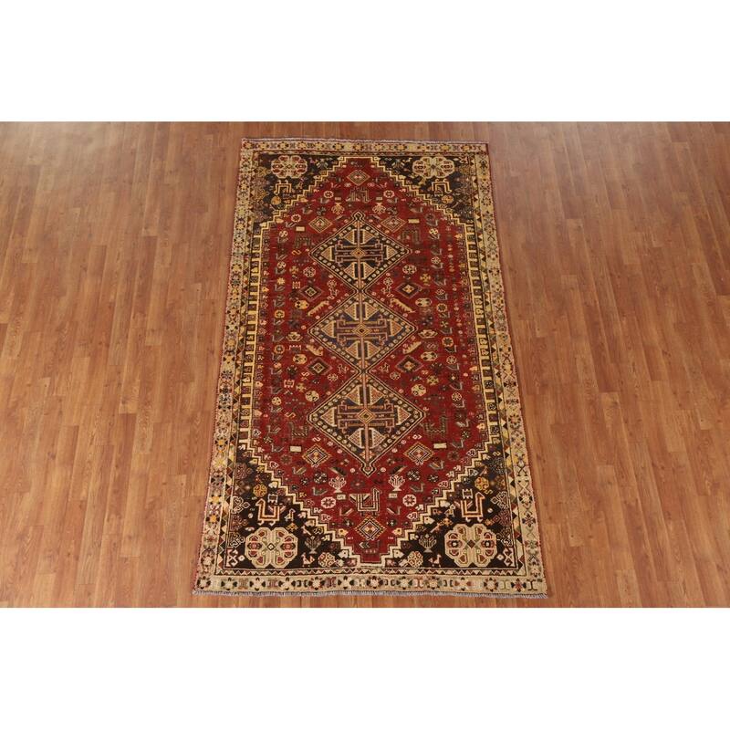 Red Animals Tribal Shiraz Persian Vintage Rug Handmade Wool Carpet - 4'6"x 8'0"