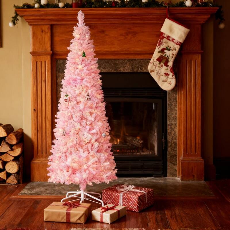 Pencil Shape with Christmas Tree,Snow Flocked Artificial Christmas Tree with Pine Realistic Branches,Warm White LED lights