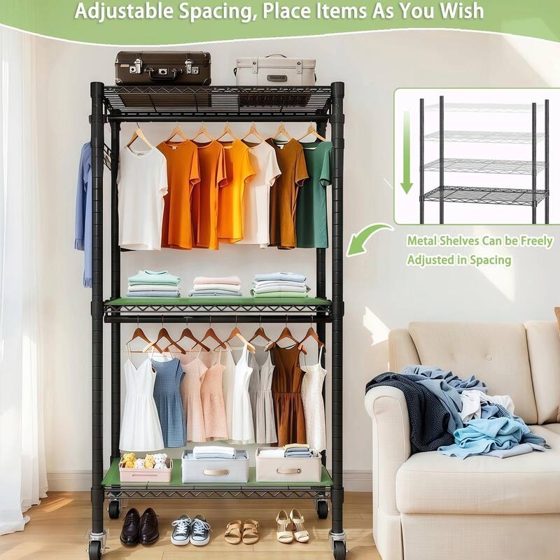 Heavy Duty Rolling Clothes Rack with 3 Shelves & 2 Rails, Black