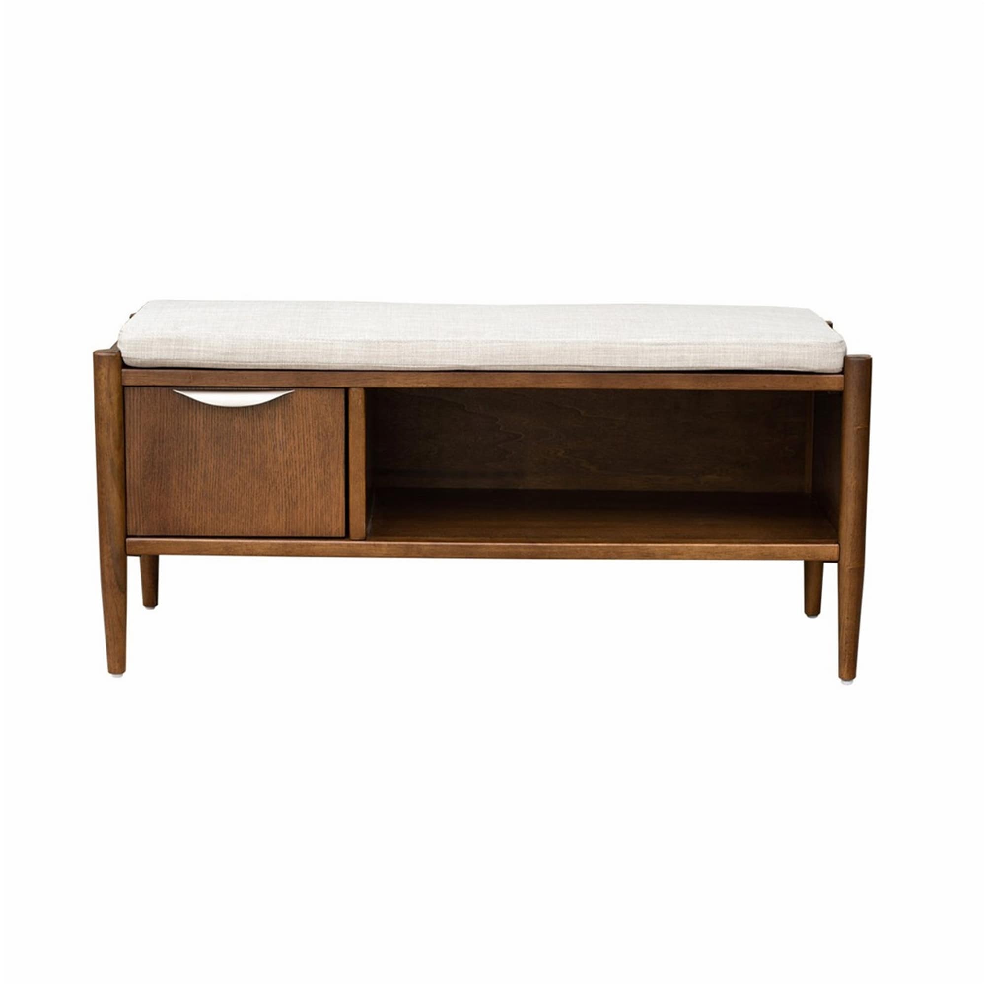 Modern Storage Accent Bench with Metal Hanlde and Upholstered Cushion,Mid-century Wood Bench with 1 Drawer and Open Shelf