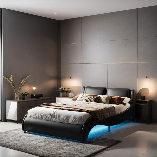Queen Size Upholstered Faux Leather Platform Bed with LED Light Bed Frame with Slatted Black White