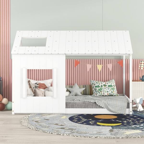 slide 2 of 9, Twin Size House Bed with Roof and Window, Open Concept Design, White White
