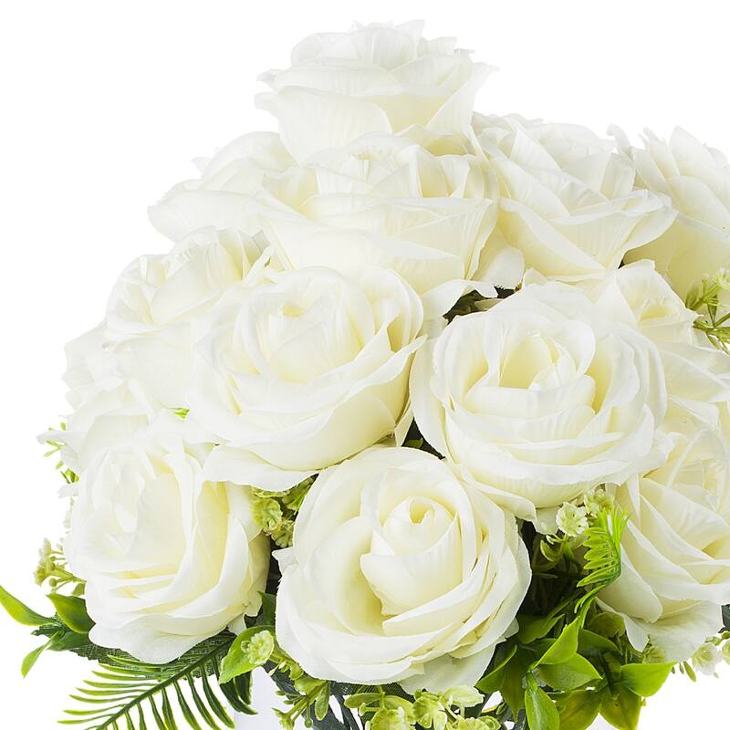 Enova Home Artificial 18 Heads Silk Roses Fake Flowers in Clear Glass Vase with Faux Water for Home Decoration