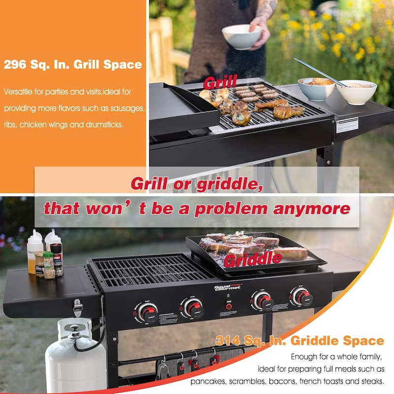 Royal Gourmet GD402 4-Burner Portable Flat Top Gas Grill and Griddle Combo with Folding Legs, Black