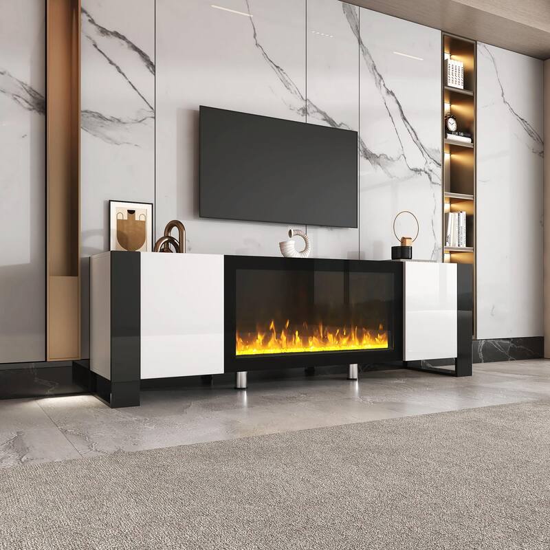 Glossy TV Stand with Non-Heating Electric Fireplace, 2 Cabinets - White