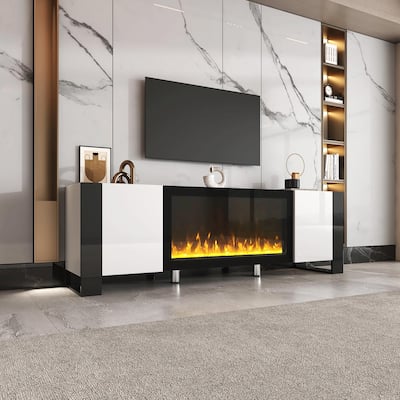 Glossy TV Stand with Non-Heating Electric Fireplace, 2 Cabinets