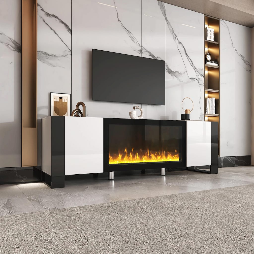 Glossy TV Stand with Non-Heating Electric Fireplace, 2 Cabinets