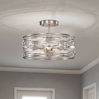 Anita Satin Nickel 3-Light Drum Shade Clear Glass Prism Flush Mount - 17.2 inches in diameter x 11.3 inches H