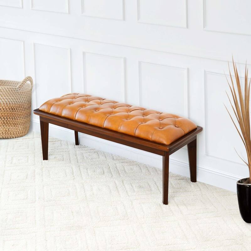 GDFStudio - Arden Modern Genuine Leather Bench with Button Seat & Solid Wood Legs - 49.61"W