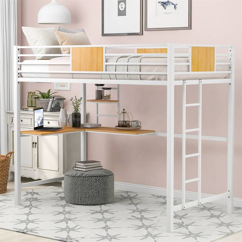 Merax Twin Metal Loft Bed with Desk and Shelf - White