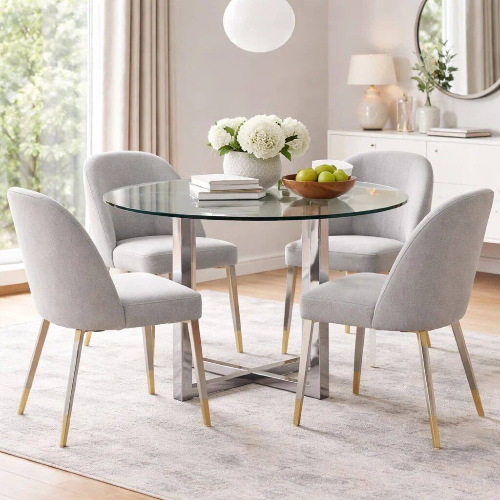 Eun 48 Inch Round Dining Table with Marble Top, Cross Base, Chrome