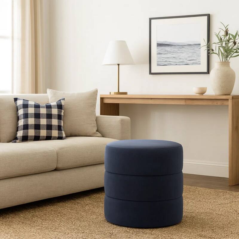 Sem Round Accent Ottoman, Royal Blue Channel Stitched Velvet 18 Inch