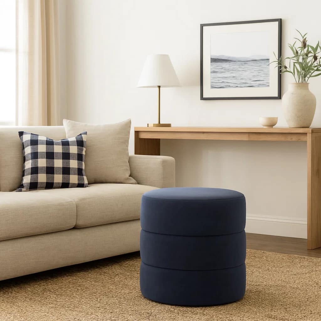 Sem Round Accent Ottoman, Royal Blue Channel Stitched Velvet 18 Inch