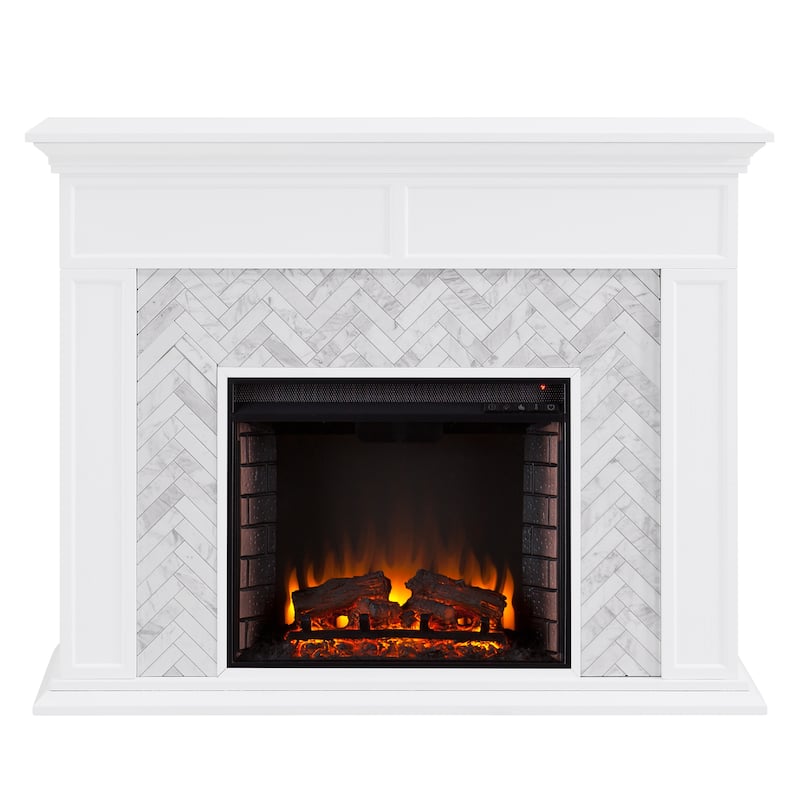 SEI Furniture Torton Contemporary Electric Fireplace with Chevron Marble Tiled Mantel